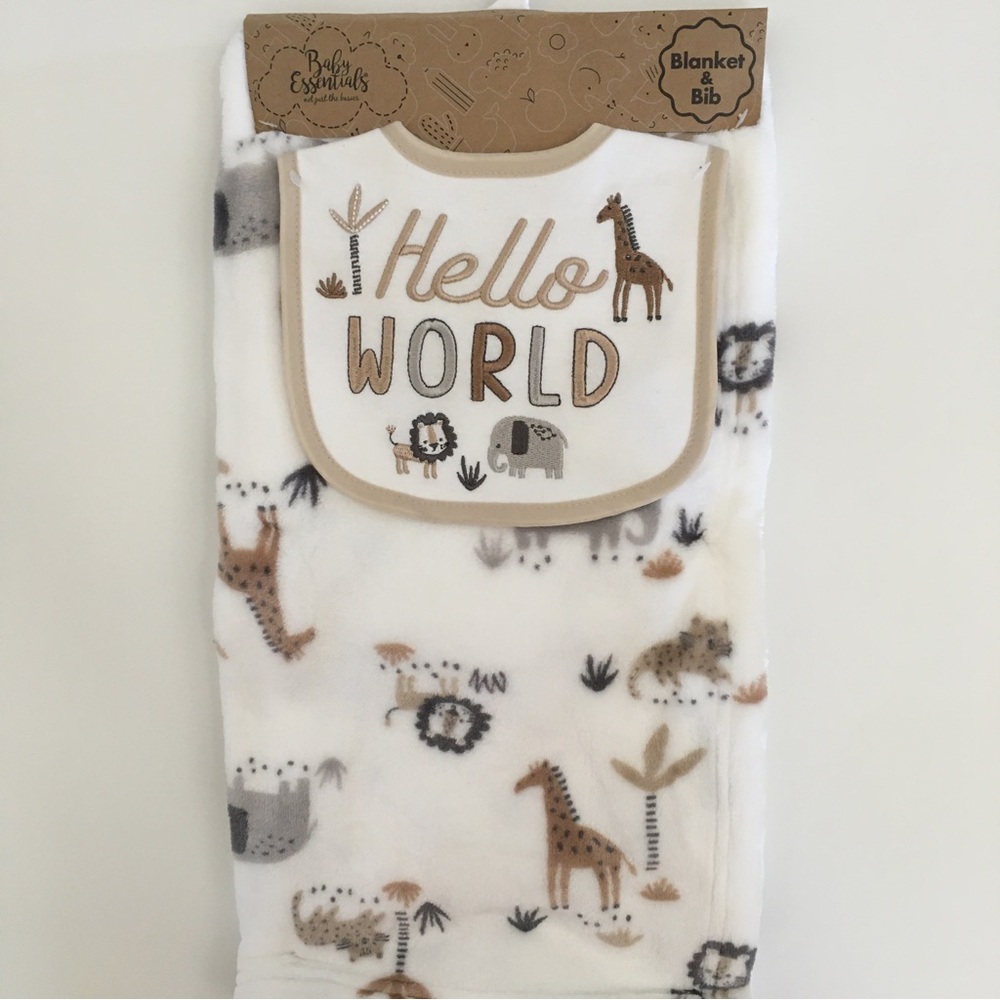 NEW Baby Blanket & Bib Cozy Set Soft Baby Gift “Hello World” | Baby Essentials